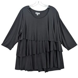 Susan Graver Blouse Women's Size 1X Tiered Liquid Knit Black 3/4 Sleeve Tunic‎